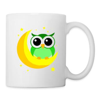 Green Owl On Moon Cartoon Predator Bird Nocturnal - Mug - white - Right