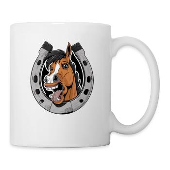 Pferd Lacht und Zeigt Zähne mit Hufeisen - Tasse - Weiß - Rechts