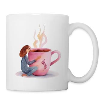 Matin douillet : femme étreignant une tasse de café rose - Mug blanc - blanc - Droite