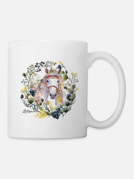 Boho Pferd mit zartem Blumenkranz - Boho style - Tasse - Weiß