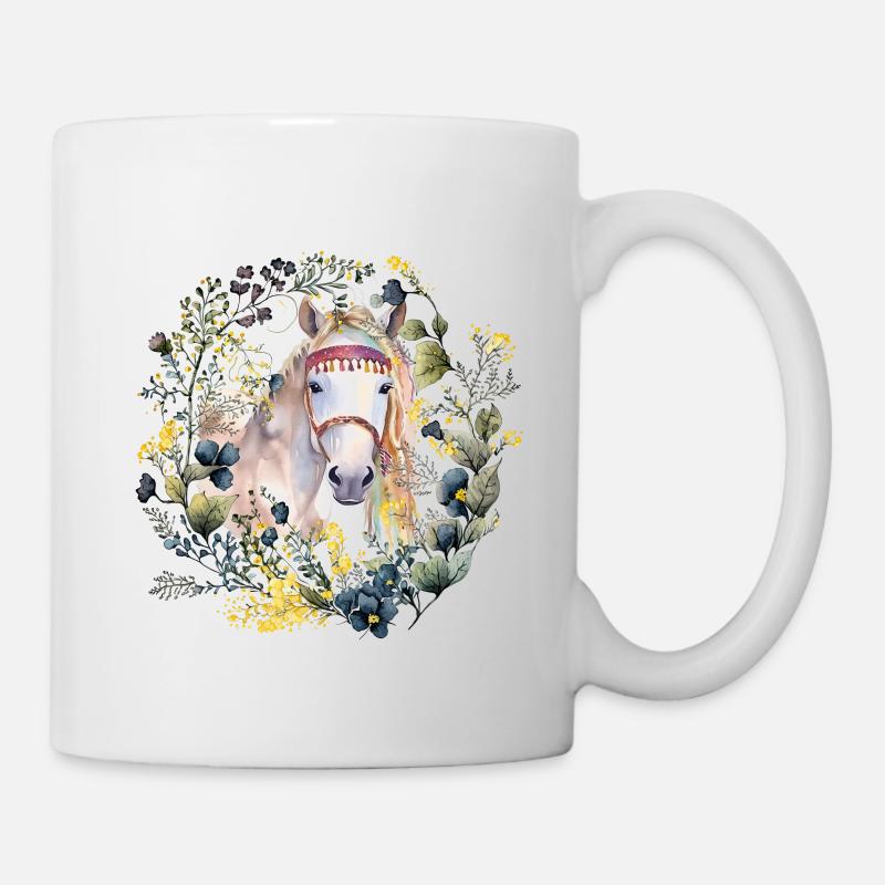 Boho Pferd mit zartem Blumenkranz - Boho style - Tasse - Weiß