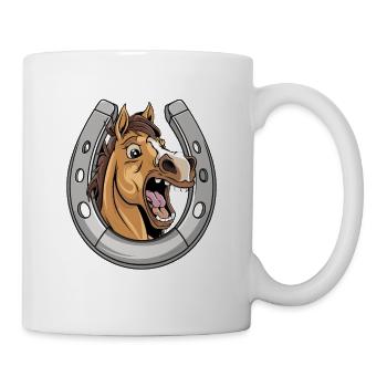 Pferd Lacht und Zeigt Zähne mit Hufeisen - Tasse - Weiß - Rechts