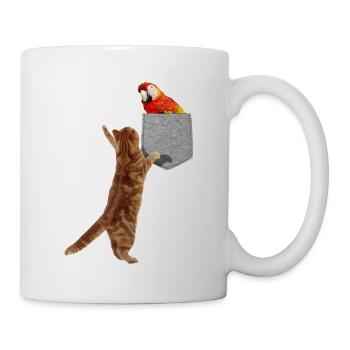 Chat atteignant l’ara rouge dans une fausse poche imprimée - Mug blanc - blanc - Droite