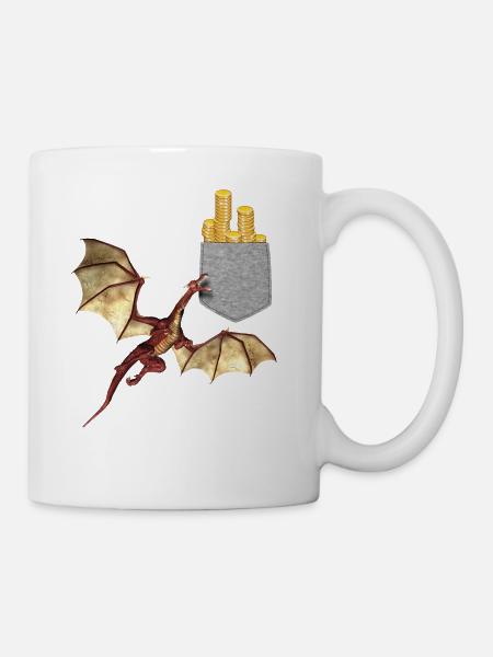 Drache erreicht Goldmünzen in Ihrer gefälschten Tasche Spaß - Tasse - Weiß