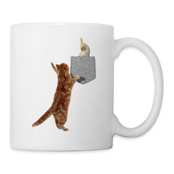 chat atteignant cockatiel oiseau fausse poche imprimée - Mug blanc - blanc - Droite