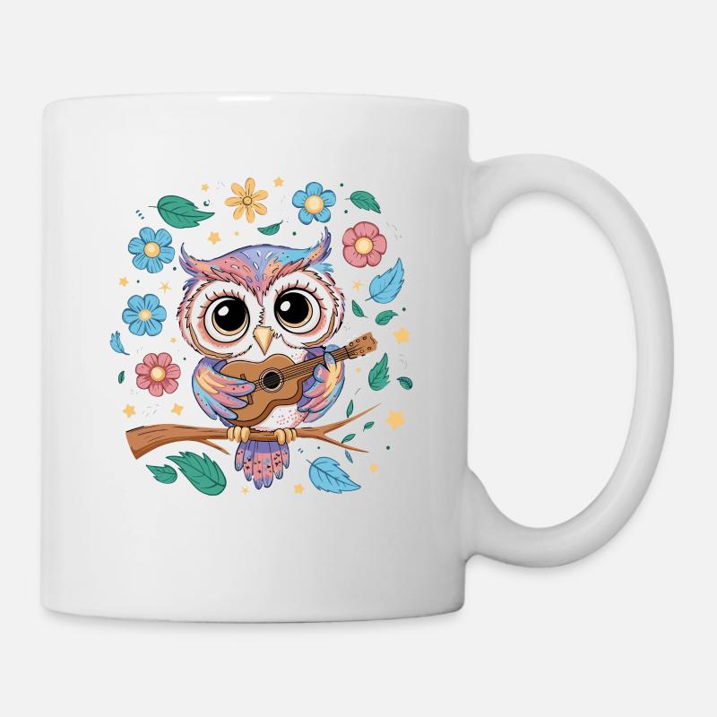 Niedliche Eule Vogel Federn Blumen Gitarre - Tasse - Weiß