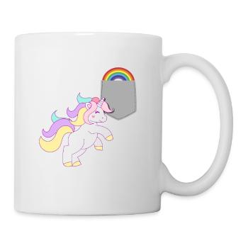 Einhorn, das den Regenbogen in Ihrer falschen Tasche erreicht Lustig - Tasse - Weiß - Rechts