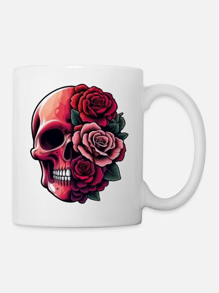 Totenkopf und Blumenstrauß - Tasse - Weiß