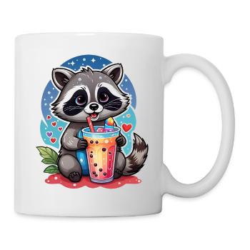 süßer Waschbär trinkt Limonade mit Strohhalm - Tasse - Weiß - Rechts