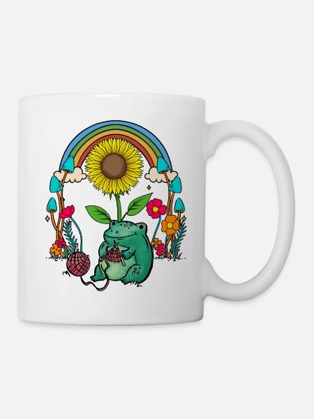 Sonnenblume Regenbogen Frosch Frösche Stricken - Tasse - Weiß