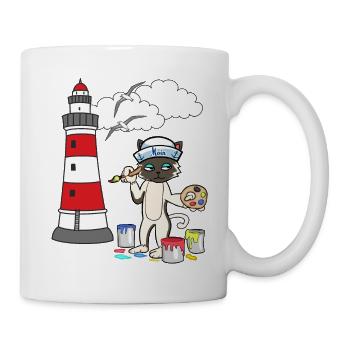 Katze Maler Leuchtturm Matrose Küste maritim Möwe - Tasse - Weiß - Rechts