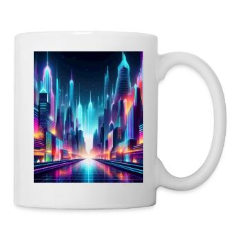 Futuristic Neon Cityscape – Vibrant Cyberpunk Art - Mug - white - Right