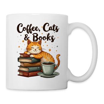 Kaffee, Katze, Buch, & Lesen, Kaffeeliebhaber - Tasse - Weiß - Rechts