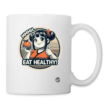 Cheerful healthy cartoon girl with fruit - Mug - white - Right