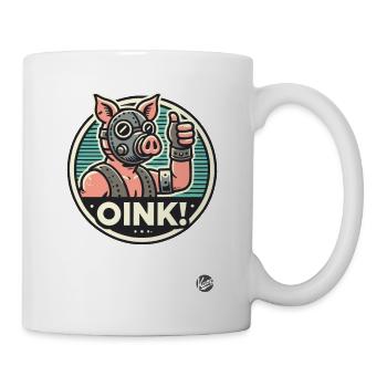 Schwein mit Maske: Daumen hoch und "Oink" - Tasse - Weiß - Rechts