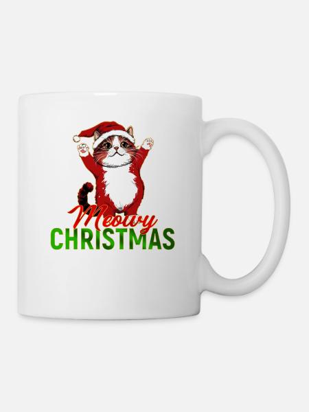 Meowy Christmas – Lustige Katze im Weihnachtsmann - Tasse - Weiß