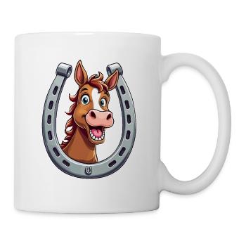 Pferd Lacht und Zeigt Zähne mit Hufeisen - Tasse - Weiß - Rechts
