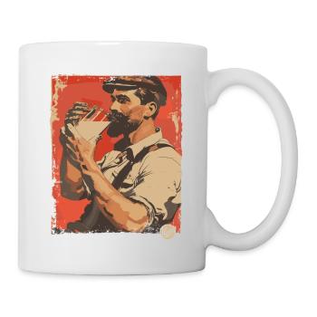 Gutaussehender Milchmann trinkt Milch - Tasse - Weiß - Rechts