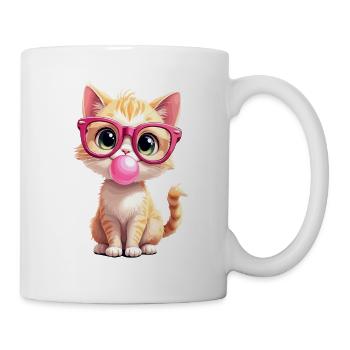 Katze mit Brille, Kätzchen, Kaugummi, Kawaii - Tasse - Weiß - Rechts