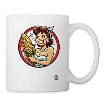 Sweating housewife with big corn on the cob - Mug - white - Right