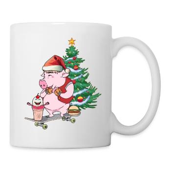 Schwein Bescherung Nikolaus Weihnachten Skater - Tasse - Weiß - Rechts
