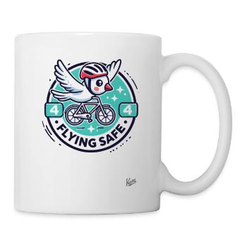Bird with helmet on bicycle flying safely - Mug - white - Right