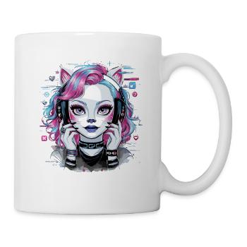 Niedliche Katzenfrau mit Kopfhörer - Tasse - Weiß - Rechts