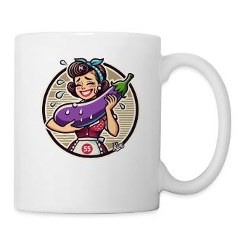 Housewife shyly holding a large eggplant - Mug - white - Right