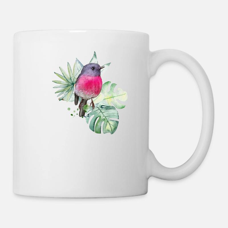 Aquarellrosa Rotkehlchen mit tropischen Blättern - Tasse - Weiß