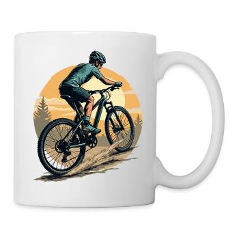 Mountain biker rides towards the sun and forest - Mug - white - Right