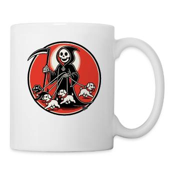 Cheerful Grim Reaper walks with puppy - Mug - white - Right