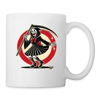 Cheerful Grim Reaper dressed as a schoolgirl - Mug - white - Right