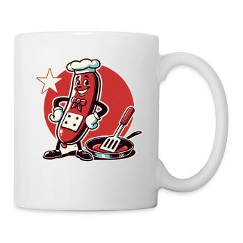 The chef is a funny bratwurst with a pan - Mug - white - Right