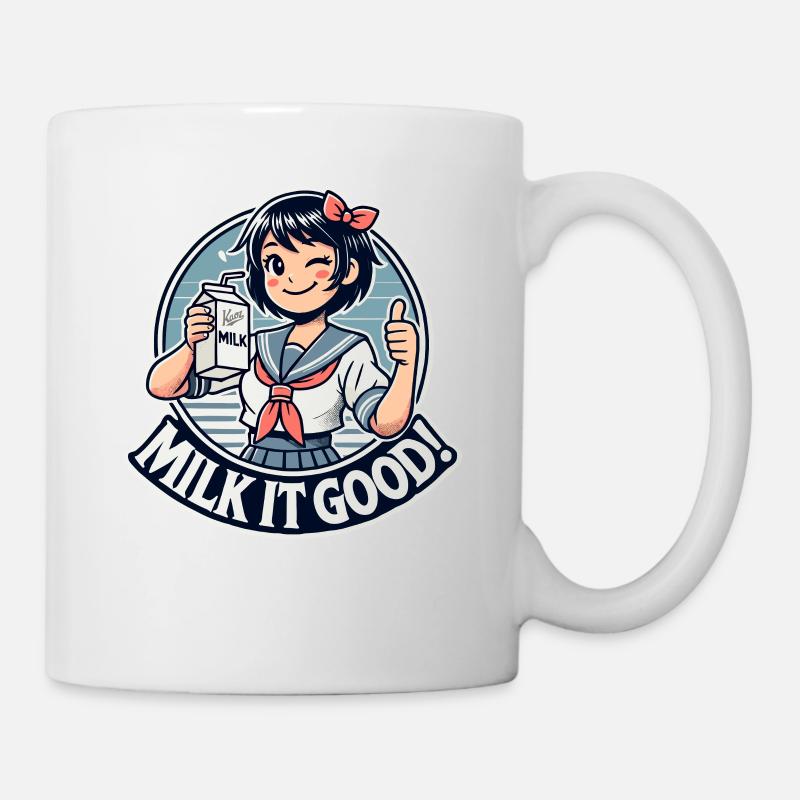 Pouce levé, écolière japonaise avec du lait - Mug blanc - blanc