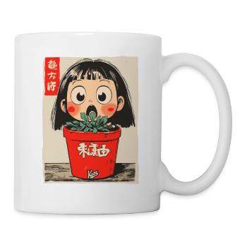 Cartoon girl behind a flower pot - Mug - white - Right