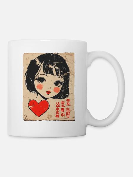Niedliches Cartoon-Mädchen mit Herz - Tasse - Weiß