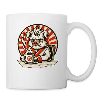 Bad mood morning grouch pig with coffee - Mug - white - Right