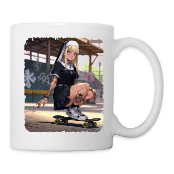 Beautiful tattooed nun with blonde hair on a skate - Mug - white - Right