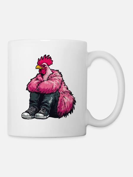 Coq de mode à la mode en plume rose Veste de poulet - Mug blanc - blanc