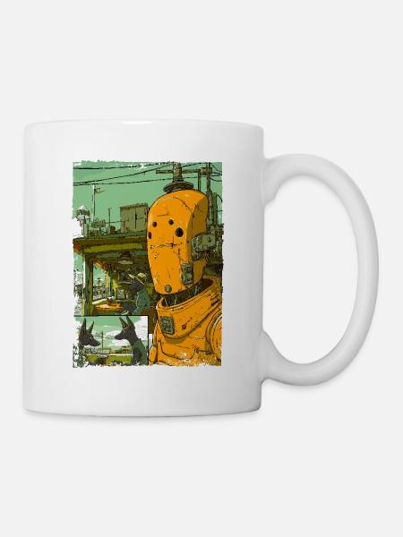 Cartoon einer Sci-Fi-Dystopie mit Roboter - Tasse - Weiß