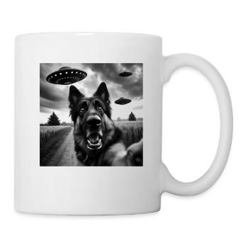 German Shepherd Funny GSP Selfie with UFOs Weird A - Mug - white - Right