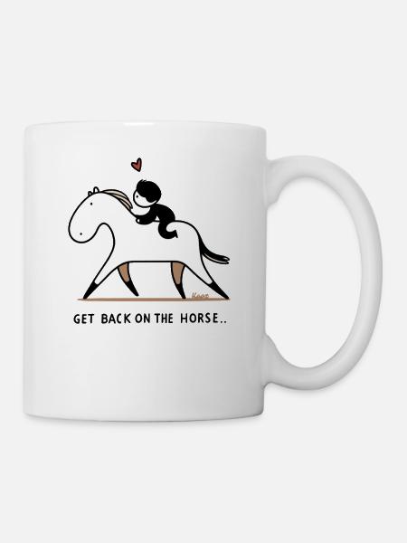 Süßes Reitmotiv, Zurück aufs Pferd - Tasse - Weiß