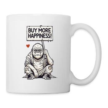 Satirischer Gorilla mit Schild: Kauft mehr Glück - Tasse - Weiß - Rechts