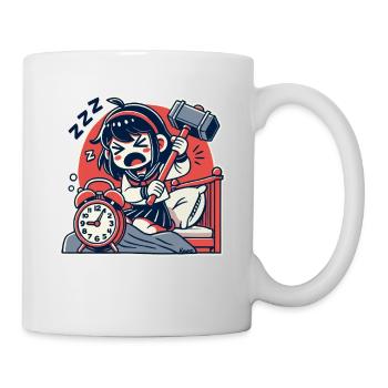 Müdes Mädchen mit Hammer und ein Wecker - Tasse - Weiß - Rechts