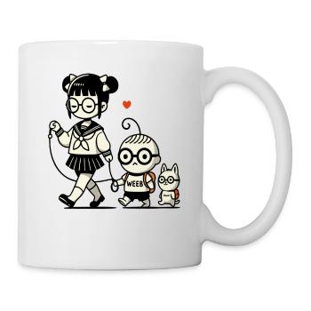 japanisches Schulmädchen, kleiner Brudermit Hund - Tasse - Weiß - Rechts