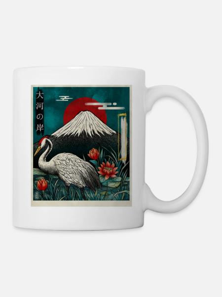 Rotkronenkranich und Mount Fuji - Tasse - Weiß