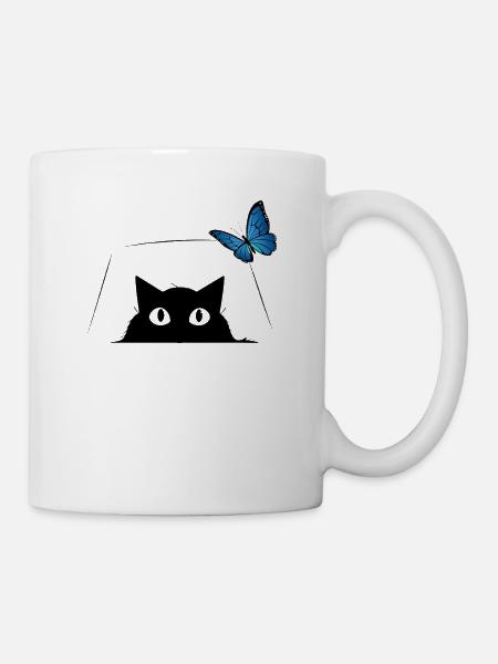 Niedliche Katze und blauer Schmetterling Cute Cat - Tasse - Weiß