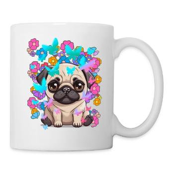 Hund Hunde Mops Frühling Blumen Schmetterlinge - Tasse - Weiß - Rechts