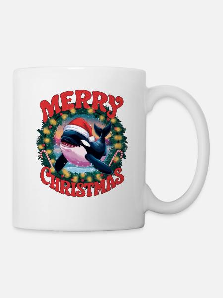 Fröhliche Weihnachten, Orca als Weihnachtsmann - Tasse - Weiß