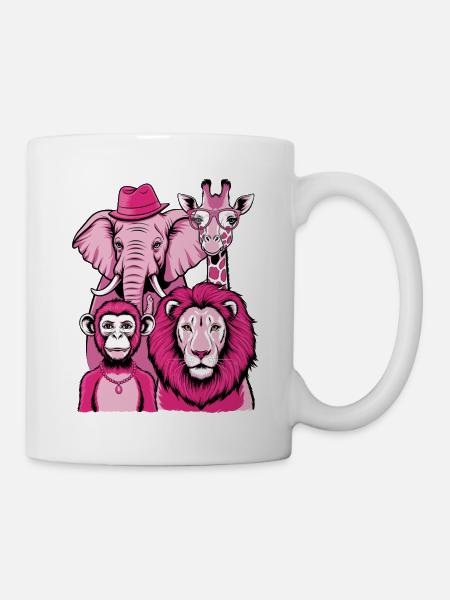 Elefant Affe Löwe Giraffe in Rosa Look mit Stil - Tasse - Weiß